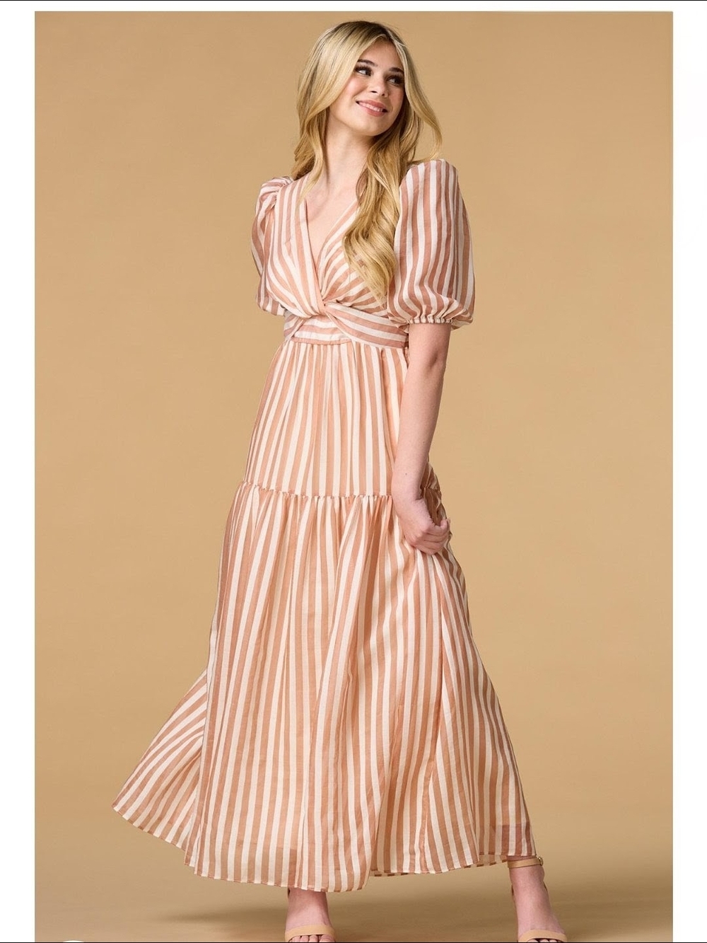 Versona Light Brown and Beige Striped Maxi Dress